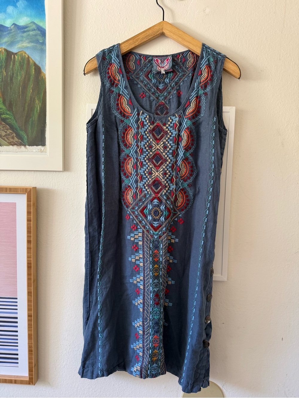Johnny Was Embroidered Navy Sleeveless Boho Shift Dress